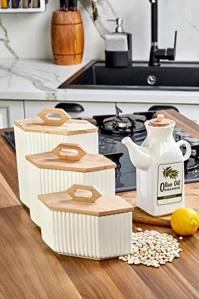 Akkoyunlu home 3-Piece Ceramic Jar Set with Wooden Lids and 1 Oil Container M...