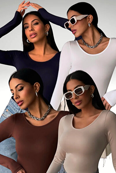 Ladima Bluză de damă, set de 4 piese, alb crem, maro fierbinte, bleumarin, cu...