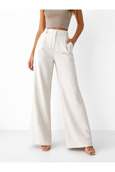 mor butik Pantaloni de damă albi, cu talie înaltă, cu picior larg, din materi...