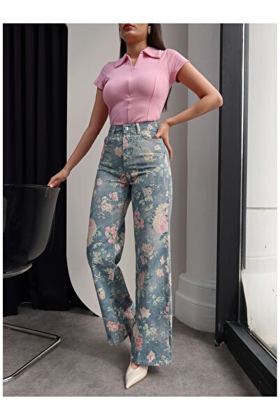 ESRAHELVACI Τζιν με φλοράλ σχέδιο, ψηλόμεσο και φαρδιά γραμμή