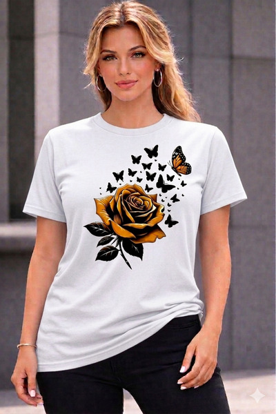 VODEXA Tricou oversize pentru femei, cu imprimeu YELLOW ROSE, 100% bumbac, cr...