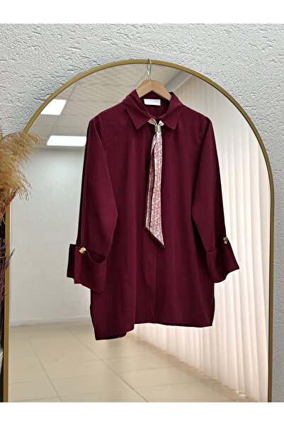 MİHRA STORE Adıgül Hidden Placketed Scarf Sleeve Cuffed Tunic-Şa1192 Claret Red