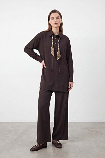 Puane Kadın Fular Detaylı Tunik Pantolon Takım – 14478TKS - KAHVERENGİ