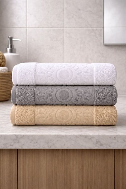 Cotton 3'lü %100 Pamuklu Havlu Seti Kabartmalı Otantik Desenli 50x90 El ve Yü...