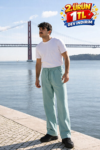 DAMGA JEANS Men's Elastic Waist Jogger S.Green Linen Trousers