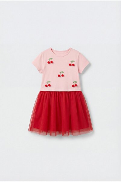 Magu Girl's Cotton Pink Cherry Appliqué Tulle Dress
