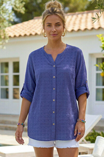 Chiccy Μωβ πουκάμισο με κουμπιά στο γιακά, μανίκι 3/4, κεντημένο, με σχισμή, ...