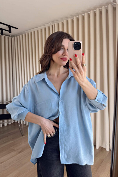 Sue Store Ανοιχτό μπλε υπερμεγέθες πουκάμισο από ύφασμα Modal