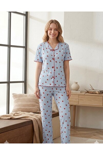 HM CEVHER Βαμβακερό υφασμάτινο σετ πιτζάμες με φιόγκο μπροστά και μισό μανίκι