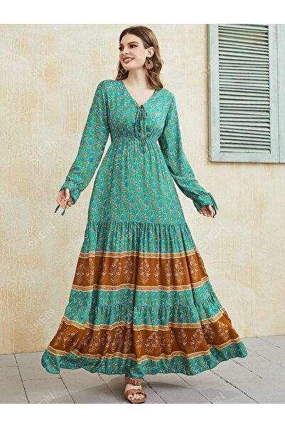 Iuliashop Rochie lungă verde Zelda cu model multicolor - S
