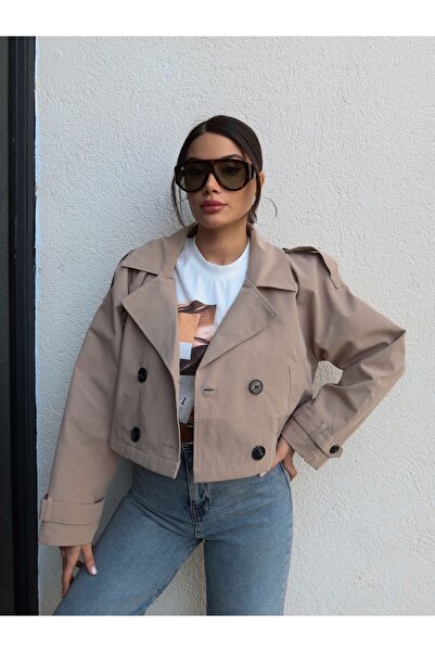 ESRAHELVACI Kruvaze Yaka Apoletli Kısa Trench