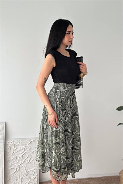 Neşeli Butik Γυναικείο πράσινο μοντέρνο φόρεμα με ασύμμετρη κοπή και μαρμάριν...