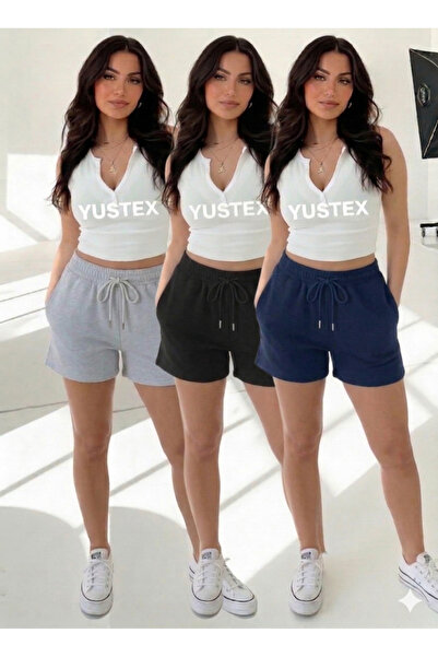 LAUSRA 3-Pack Women's Shorts Set - Black, Gray, Navy Blue - High Waist Relaxe...