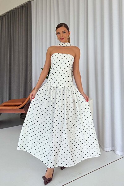 Mine Tan Butik Polka Dot Patterned Strapless Women's Dress