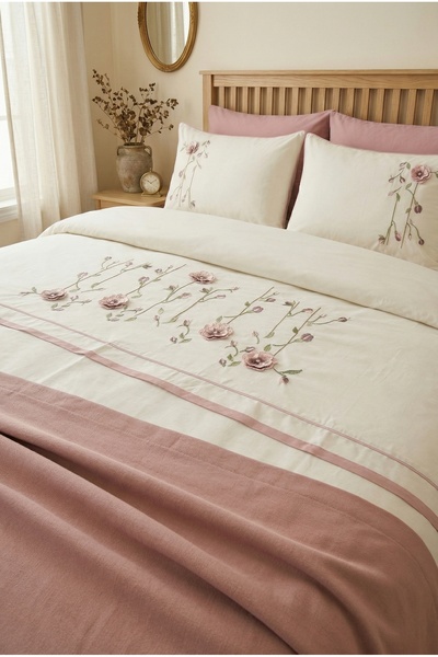 İK TEKSTİL Petalia 3D Flower and Spring Branch Embroidered, 100% Cotton 7 Piece Powder Double Duvet Cover Set
