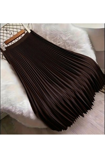 Bahar Altundemir Women's Pleated Skirt Leather Look Hijab Long Brown Skirt
