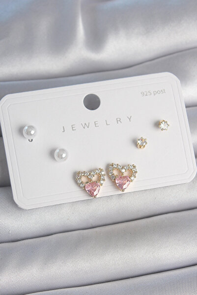 ForWhat Heart Pearl Earring Set with Golden Brass Pink Zircon for Elegant Woman