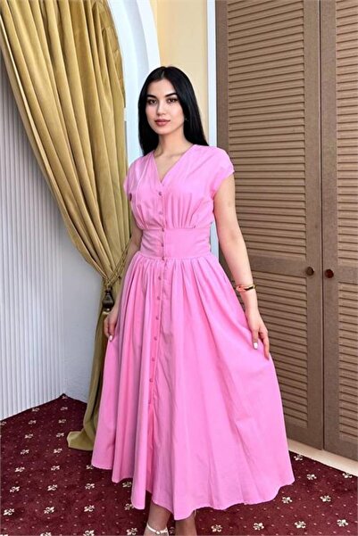 Neşeli Butik Γυναικείο ροζ φόρεμα με θηλυκή εφαρμογή, λεπτομέρεια στη μέση κα...