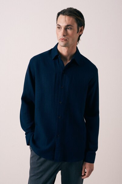 İLKCET MODA Long Sleeve Navy Blue Muslin Men's Shirt
