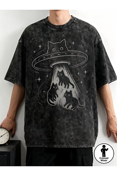 Le Savu Μπλουζάκι Unisex Oversize με στάμπα Μυστηριώδους Γάτας, που πλένεται