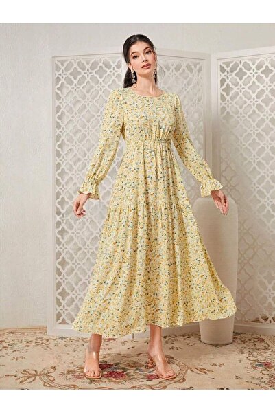 Iuliashop Rochie lungă albă Vira cu imprimeu floral galben - M