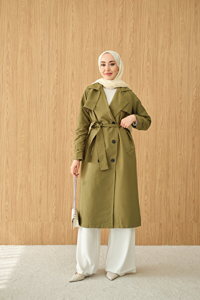 LOCCO Kadın Omuz Düğme Detay Kruvaze Yaka Midi Boy Trenç Haki Yeşil