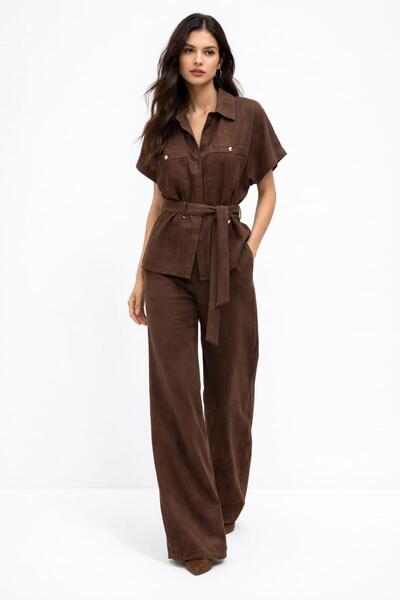 EGZOTİK ASORTİK Modern Cut Belted Shirt and Trousers Set
