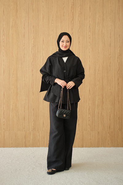 LOCCO Γυναικείο κοστούμι με κρυφά κουμπιά και λεπτομέρεια σε σχήμα V, μαύρο