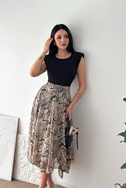 Neşeli Butik Γυναικείο μπεζ μοντέρνο φόρεμα με ασύμμετρη κοπή και μαρμάρινο σ...