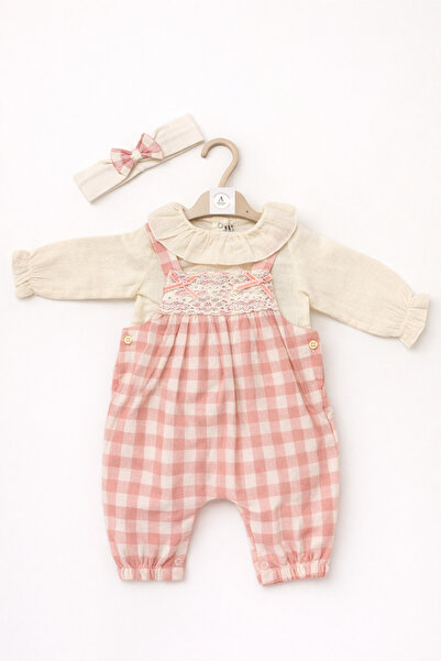 Aselya Kids Kız Bebek Ekose Salopet Takım - 2'li Kombin Body + Askılı Tulum
