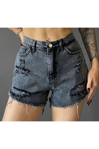 kleshus Btl Ανθρακί Σκισμένο Τζιν Σορτς Καινούργιο-1