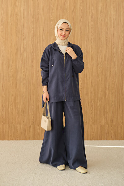 LOCCO Γυναικεία φαρδιά φόρμα με φερμουάρ σε μπλε ναυτικό χρώμα