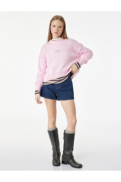 Koton Πλεκτό πουλόβερ με λαιμόκοψη ποδηλάτου, μακρυμάνικο και κεντημένο