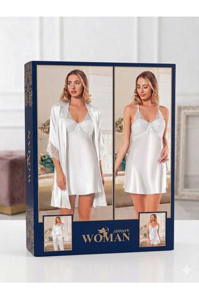 amor women طقم ملابس نوم وروب من الساتان مكون من 6 قطع