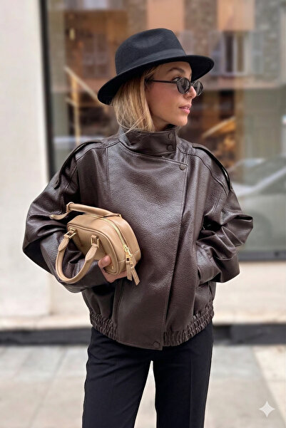 Jaglion New Season Oversize Zr High Collar Women's Leather Jacket