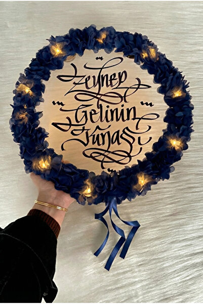 ZEYMERADE Lacivert Ledli Şeffaf Gelin Tefi 32cm, 3d Çiçek Süslemeli, Düğün Sü...