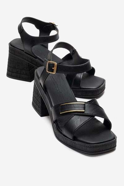 CCWAY AYAKKABI Γυναικεία πέδιλα με τακούνι και λουράκια σταυρωτά ΜΑΥΡΑ