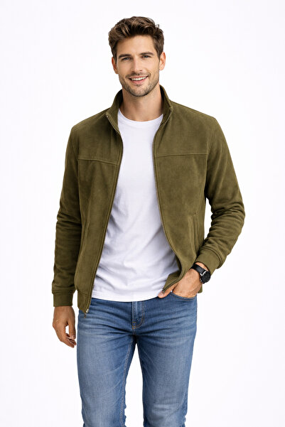DYNAMO Khaki Suede Coat Men's Regular Fit Lined Zippered Spring Jacket