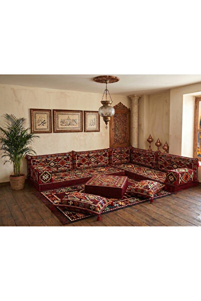 TURKISHRUG KINGDOM Şark Köşesi Takımı 13 Parça - Bordo Anadolu Deseni (Sünger...