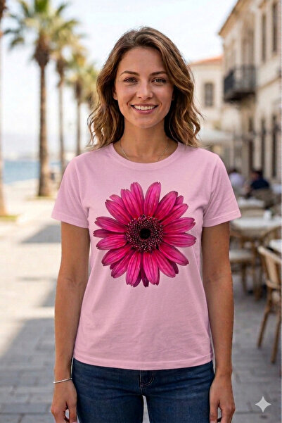 VODEXA Tricou oversize pentru femei RED DAISY imprimat 100% bumbac, croială c...