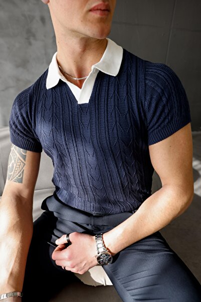 viyamen Ανδρικό πλεκτό βαμβακερό μπλουζάκι πόλο με πλεκτή λεπτομέρεια