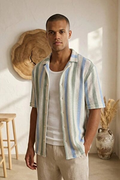 MADZEYMODA Men's Jacquard Ecru-Mint Short Sleeve Knitwear Shirt Ls-19231