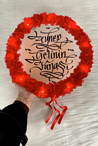 ZEYMERADE Kırmızı Ledli Şeffaf Gelin Tefi 32cm, 3d Çiçek Süslemeli, Düğün Sün...