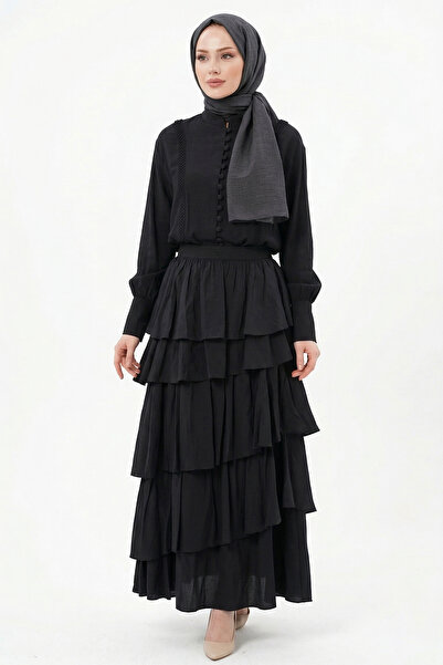 Lale Butik Levidor Stripe Lace Detail Tunic Skirt Set 100810 Black