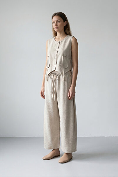 LAbute Beige Linen Vest with Rope Detail on the Sides and Wide-Legged Trousers