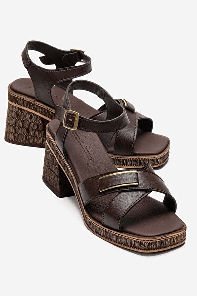 CCWAY AYAKKABI Γυναικεία πέδιλα με τακούνι και λουράκια σταυρωτά ΚΑΦΕ