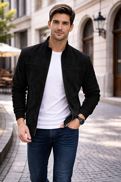 DYNAMO Black Suede Coat Men's Regular Fit Lined Zippered Spring Jacket