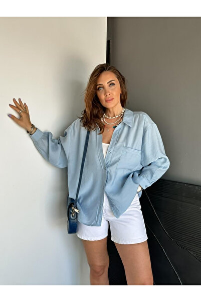 My Blog Light Blue Off-Shoulder Oversize Shirt - 4612