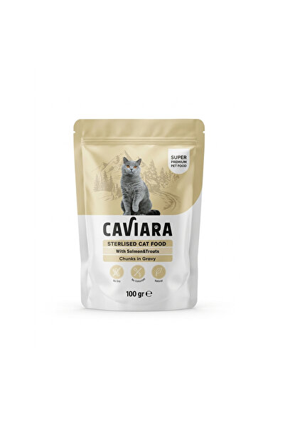 Caviara طعام قطط معقم - قطع السلمون والتراوت في المرق (100 جرام) |   طعام رطب...