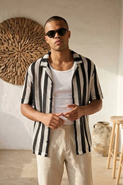 MADZEYMODA Men's Jacquard Ecru-Black Short Sleeve Knitwear Shirt Ls-19230